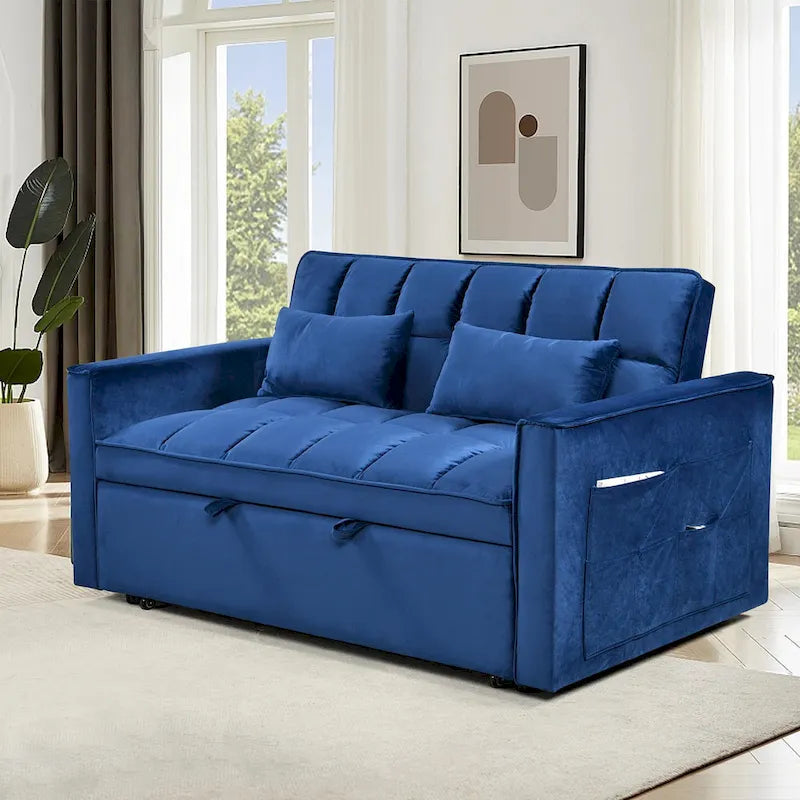 Canapé futon moderne en velours convertible, petit canapé deux places avec dossier inclinable, coussins décoratifs et poches de rangement.