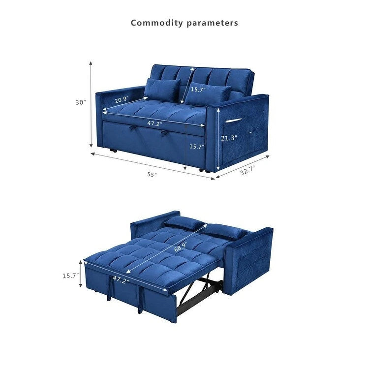 Canapé futon moderne en velours convertible, petit canapé deux places avec dossier inclinable, coussins décoratifs et poches de rangement.