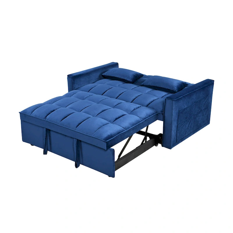 Canapé futon moderne en velours convertible, petit canapé deux places avec dossier inclinable, coussins décoratifs et poches de rangement.