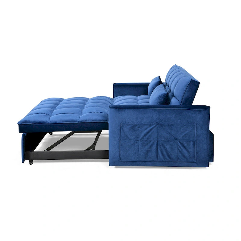 Canapé futon moderne en velours convertible, petit canapé deux places avec dossier inclinable, coussins décoratifs et poches de rangement.