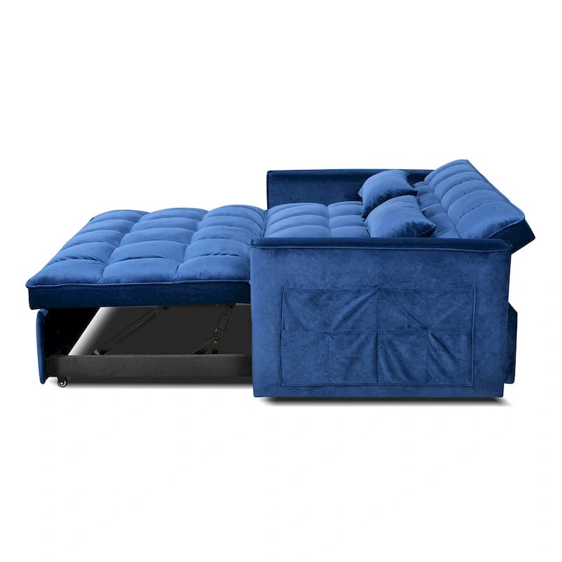 Canapé futon moderne en velours convertible, petit canapé deux places avec dossier inclinable, coussins décoratifs et poches de rangement.