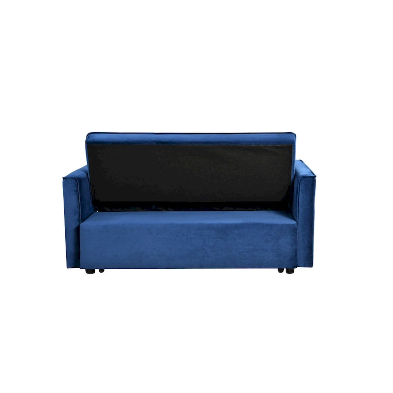 Canapé futon moderne en velours convertible, petit canapé deux places avec dossier inclinable, coussins décoratifs et poches de rangement.