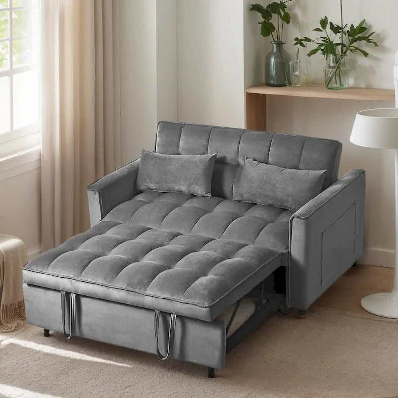 Canapé futon moderne en velours convertible, petit canapé deux places avec dossier inclinable, coussins décoratifs et poches de rangement.