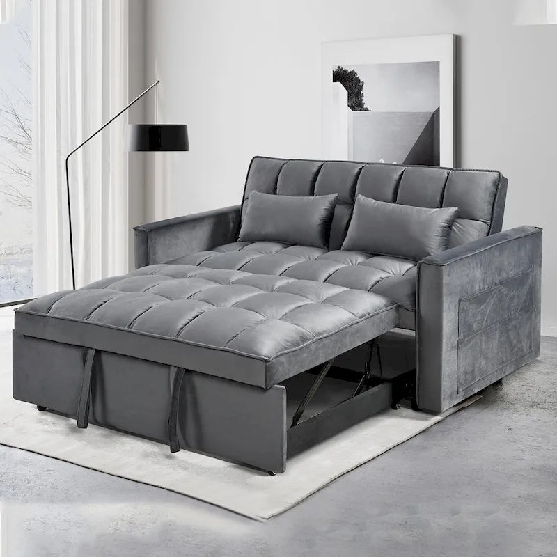 Canapé futon moderne en velours convertible, petit canapé deux places avec dossier inclinable, coussins décoratifs et poches de rangement.