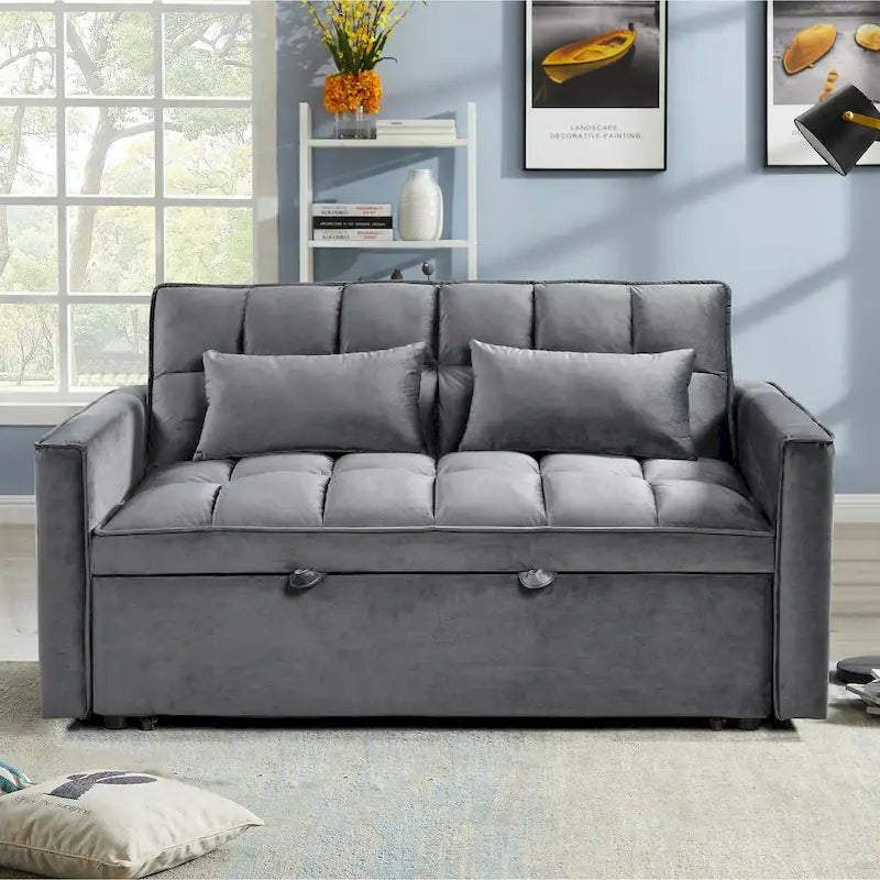 Canapé futon moderne en velours convertible, petit canapé deux places avec dossier inclinable, coussins décoratifs et poches de rangement.