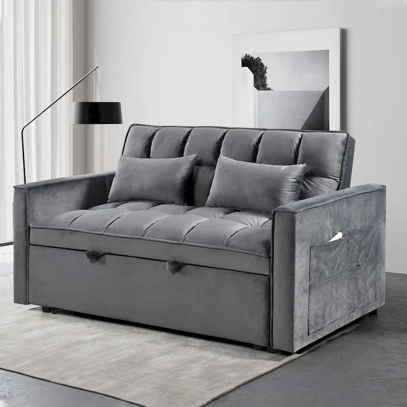 Canapé futon moderne en velours convertible, petit canapé deux places avec dossier inclinable, coussins décoratifs et poches de rangement.