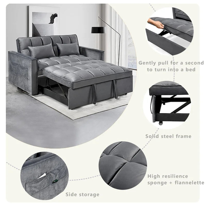 Canapé futon moderne en velours convertible, petit canapé deux places avec dossier inclinable, coussins décoratifs et poches de rangement.