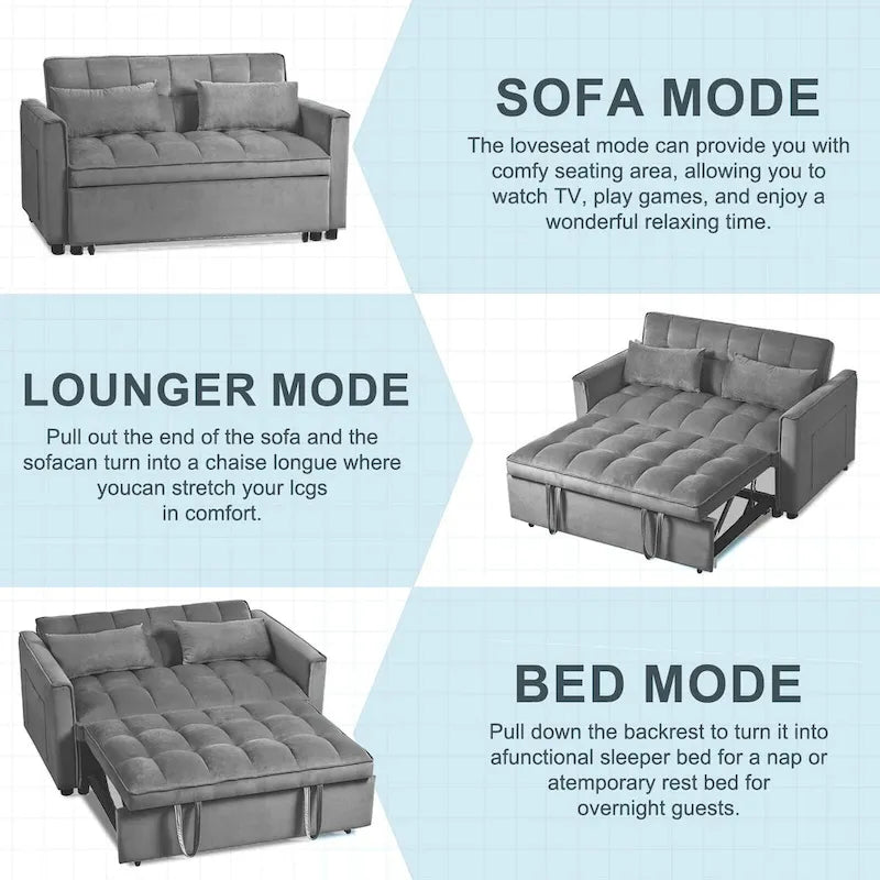 Canapé futon moderne en velours convertible, petit canapé deux places avec dossier inclinable, coussins décoratifs et poches de rangement.