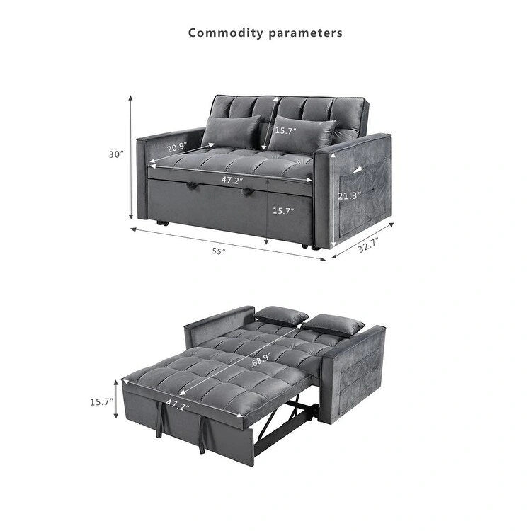 Canapé futon moderne en velours convertible, petit canapé deux places avec dossier inclinable, coussins décoratifs et poches de rangement.
