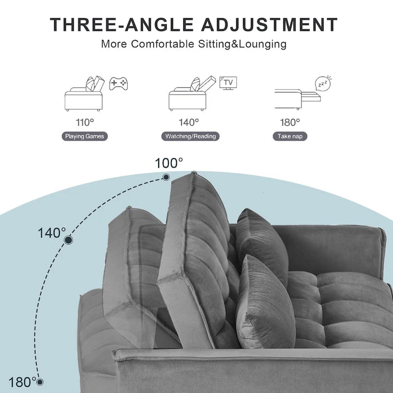 Canapé futon moderne en velours convertible, petit canapé deux places avec dossier inclinable, coussins décoratifs et poches de rangement.