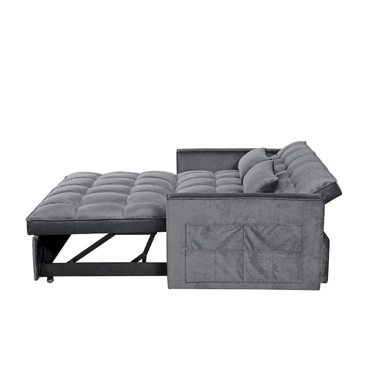 Canapé futon moderne en velours convertible, petit canapé deux places avec dossier inclinable, coussins décoratifs et poches de rangement.