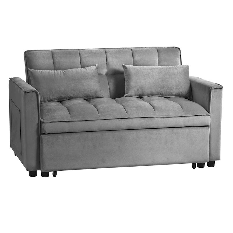 Canapé futon moderne en velours convertible, petit canapé deux places avec dossier inclinable, coussins décoratifs et poches de rangement.
