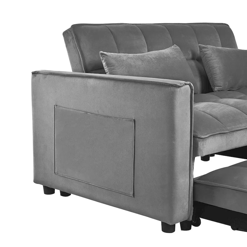 Canapé futon moderne en velours convertible, petit canapé deux places avec dossier inclinable, coussins décoratifs et poches de rangement.
