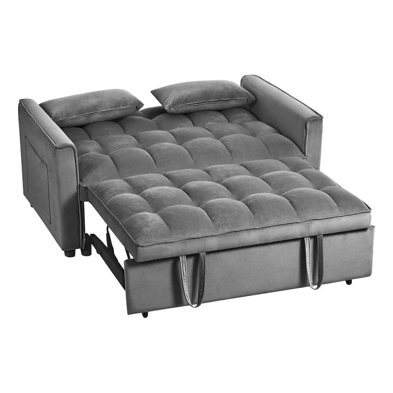 Canapé futon moderne en velours convertible, petit canapé deux places avec dossier inclinable, coussins décoratifs et poches de rangement.