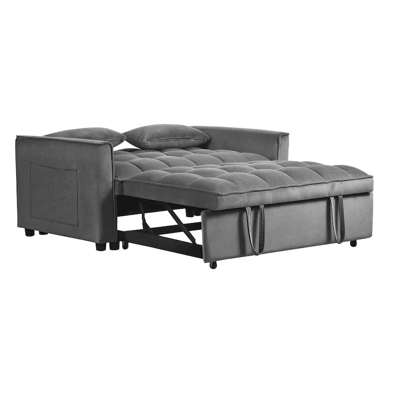 Canapé futon moderne en velours convertible, petit canapé deux places avec dossier inclinable, coussins décoratifs et poches de rangement.