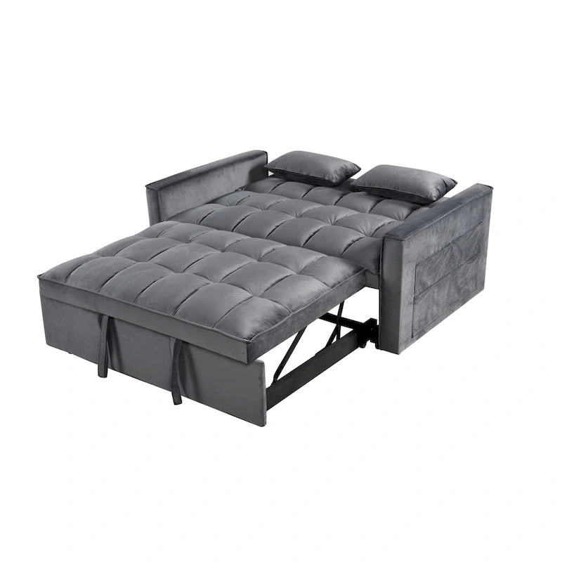 Canapé futon moderne en velours convertible, petit canapé deux places avec dossier inclinable, coussins décoratifs et poches de rangement.