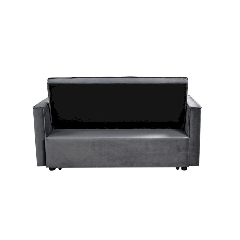 Canapé futon moderne en velours convertible, petit canapé deux places avec dossier inclinable, coussins décoratifs et poches de rangement.
