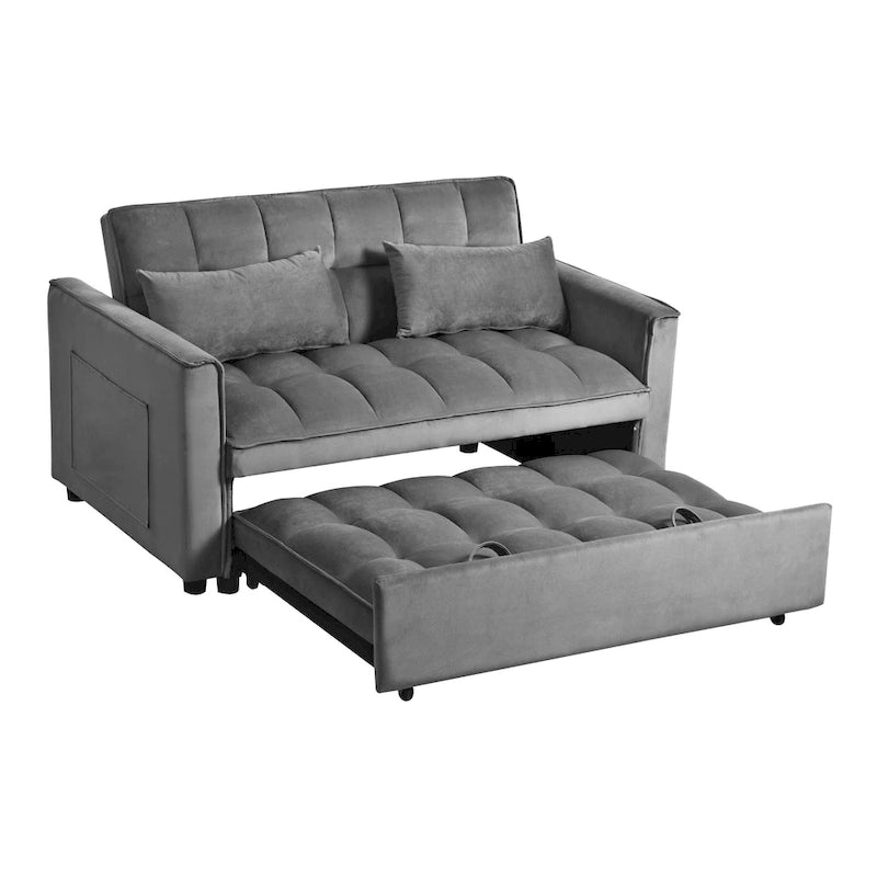 Canapé futon moderne en velours convertible, petit canapé deux places avec dossier inclinable, coussins décoratifs et poches de rangement.