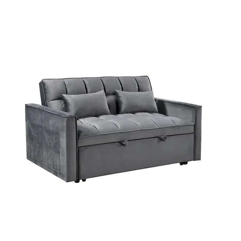 Canapé futon moderne en velours convertible, petit canapé deux places avec dossier inclinable, coussins décoratifs et poches de rangement.