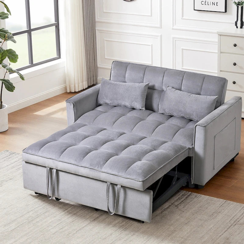 Canapé futon moderne en velours convertible, petit canapé deux places avec dossier inclinable, coussins décoratifs et poches de rangement.