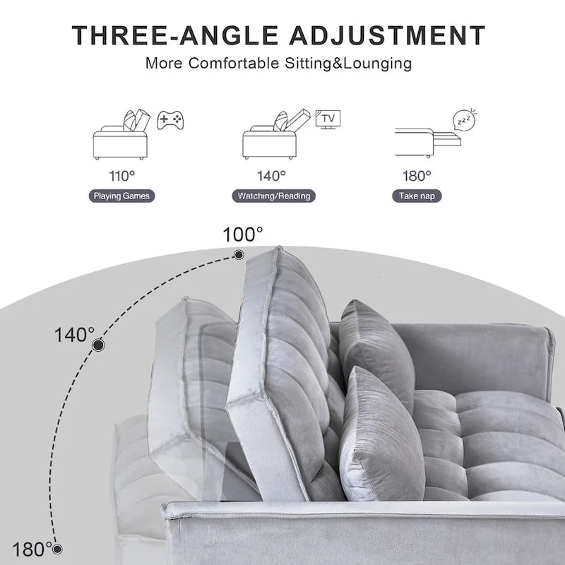 Canapé futon moderne en velours convertible, petit canapé deux places avec dossier inclinable, coussins décoratifs et poches de rangement.