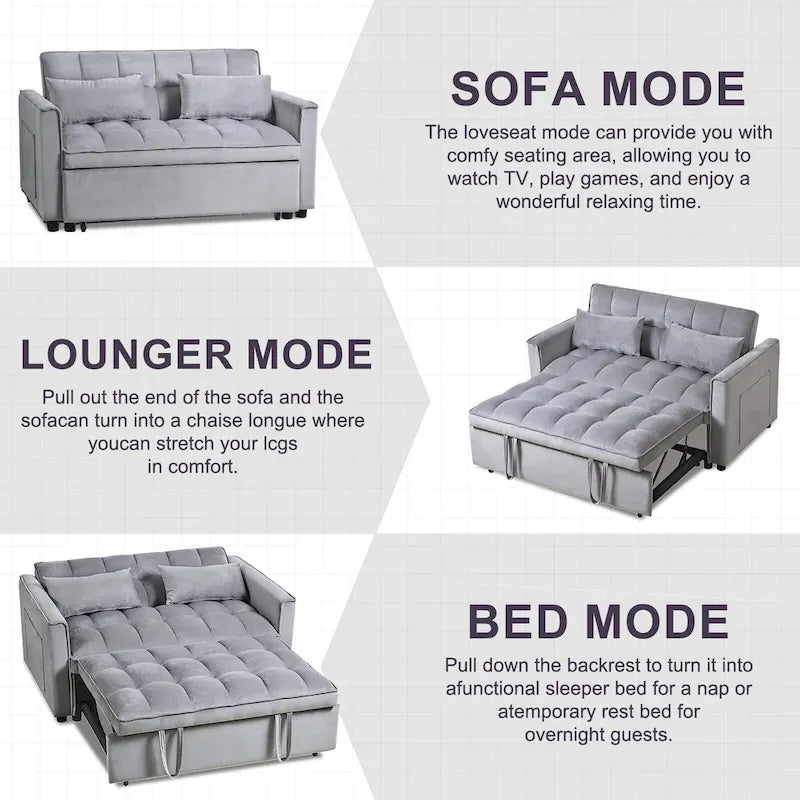 Canapé futon moderne en velours convertible, petit canapé deux places avec dossier inclinable, coussins décoratifs et poches de rangement.