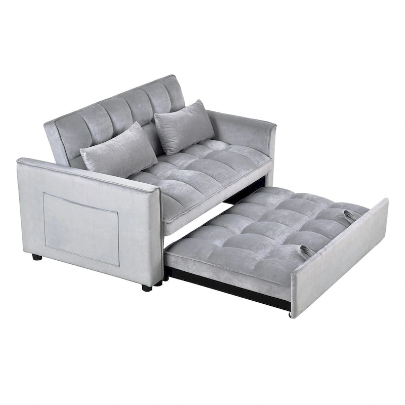 Canapé futon moderne en velours convertible, petit canapé deux places avec dossier inclinable, coussins décoratifs et poches de rangement.