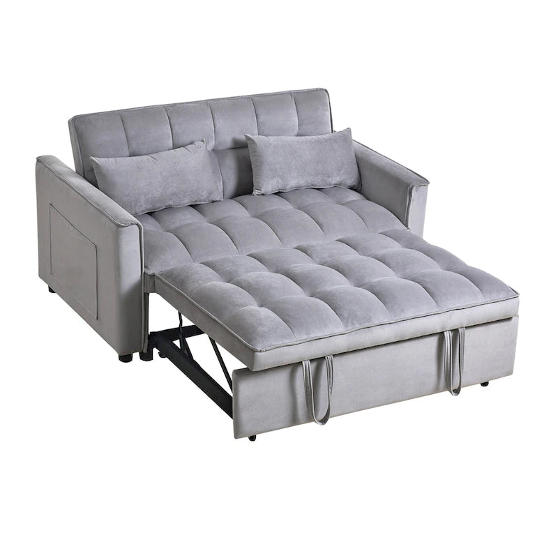 Canapé futon moderne en velours convertible, petit canapé deux places avec dossier inclinable, coussins décoratifs et poches de rangement.