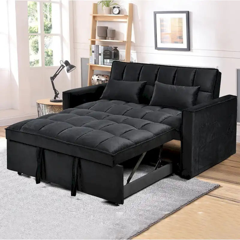 Canapé futon moderne en velours convertible, petit canapé deux places avec dossier inclinable, coussins décoratifs et poches de rangement.