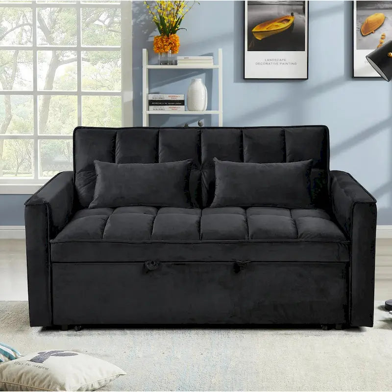 Canapé futon moderne en velours convertible, petit canapé deux places avec dossier inclinable, coussins décoratifs et poches de rangement.
