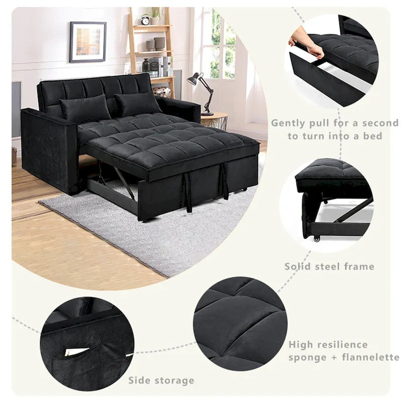 Canapé futon moderne en velours convertible, petit canapé deux places avec dossier inclinable, coussins décoratifs et poches de rangement.