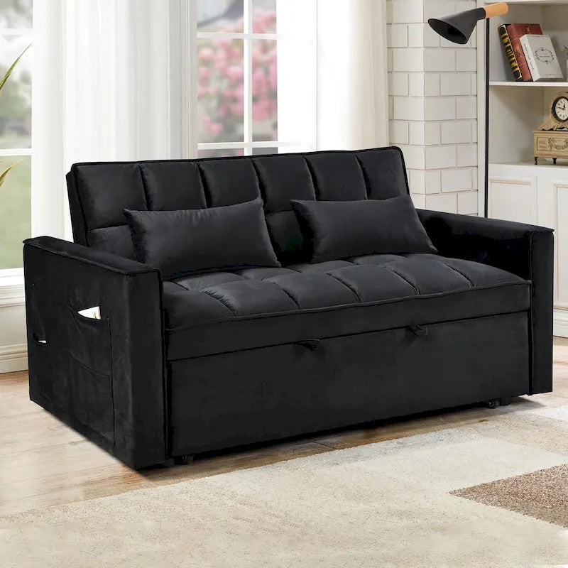 Canapé futon moderne en velours convertible, petit canapé deux places avec dossier inclinable, coussins décoratifs et poches de rangement.