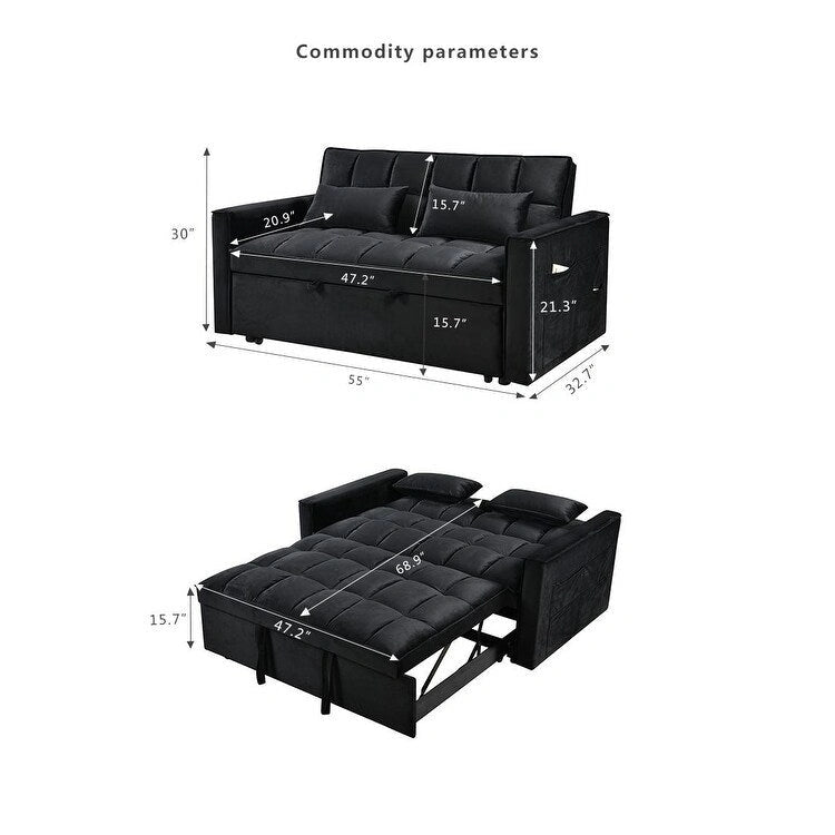 Canapé futon moderne en velours convertible, petit canapé deux places avec dossier inclinable, coussins décoratifs et poches de rangement.