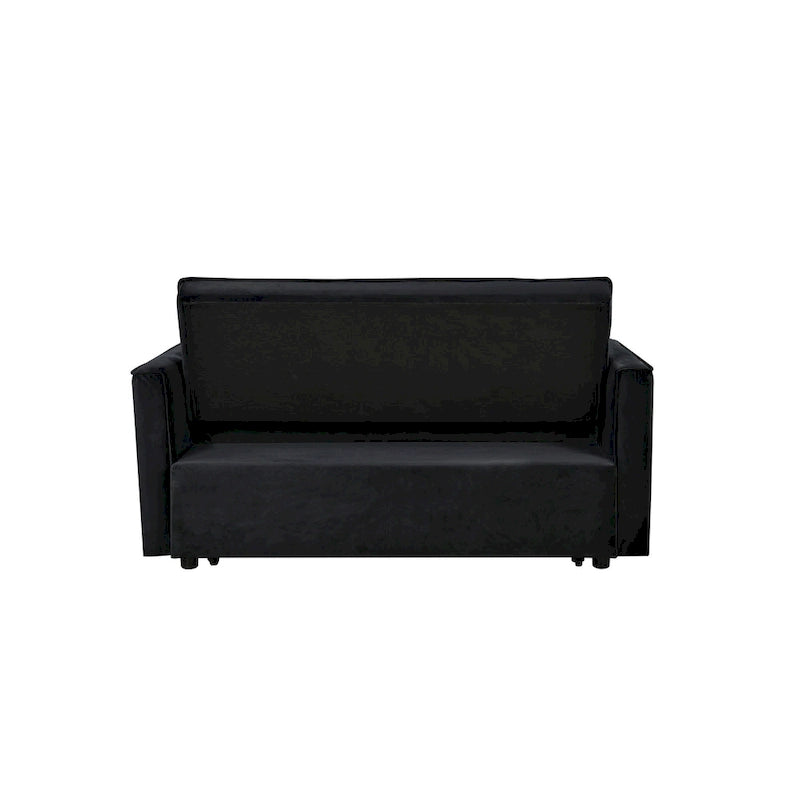 Canapé futon moderne en velours convertible, petit canapé deux places avec dossier inclinable, coussins décoratifs et poches de rangement.