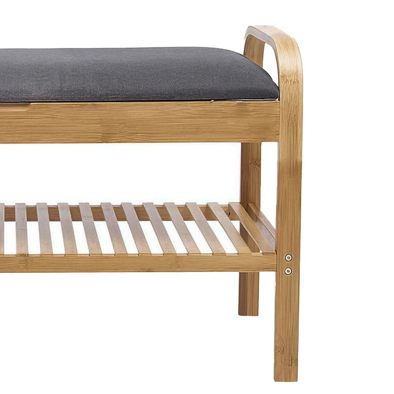 Banc de rangement pour chaussures, assise en polyester gris, bambou couleur noyer, 91 cm