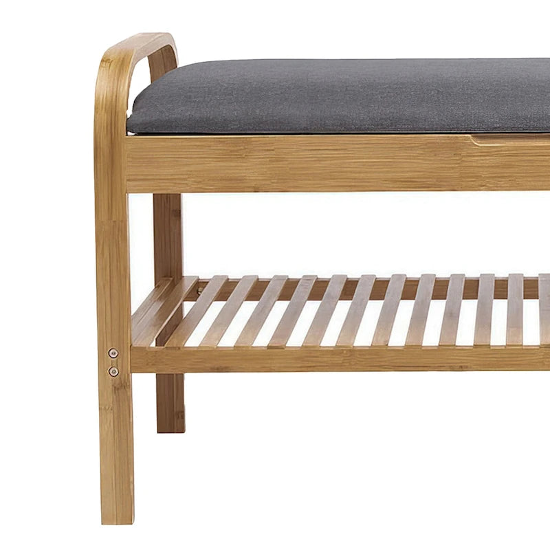 Banc de rangement pour chaussures, assise en polyester gris, bambou couleur noyer, 91 cm