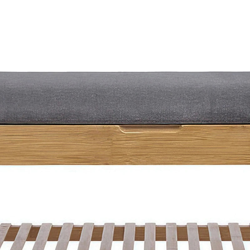 Banc de rangement pour chaussures, assise en polyester gris, bambou couleur noyer, 91 cm