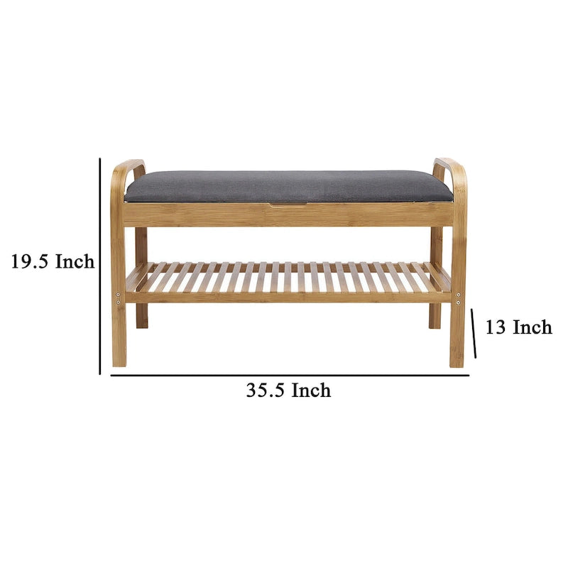 Banc de rangement pour chaussures, assise en polyester gris, bambou couleur noyer, 91 cm