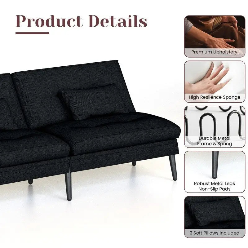 Canapé Futon Convertible, Canapé-lit Dossier Réglable sur 5 Angles avec 2 Oreillers, Fauteuil Inclinable Style Moderne