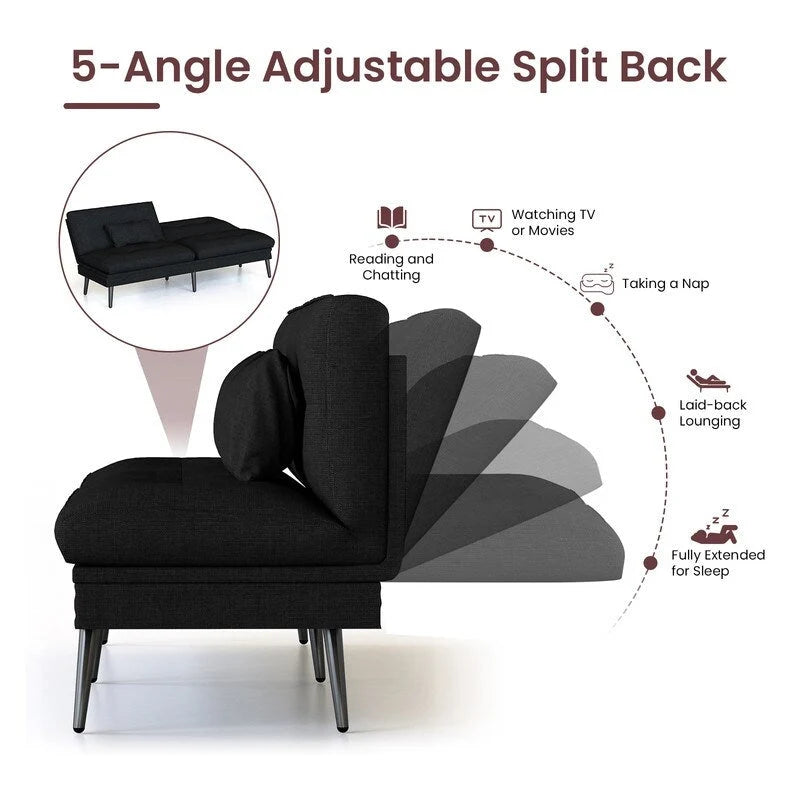 Canapé Futon Convertible, Canapé-lit Dossier Réglable sur 5 Angles avec 2 Oreillers, Fauteuil Inclinable Style Moderne