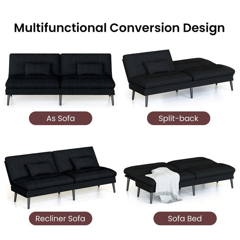 Canapé Futon Convertible, Canapé-lit Dossier Réglable sur 5 Angles avec 2 Oreillers, Fauteuil Inclinable Style Moderne