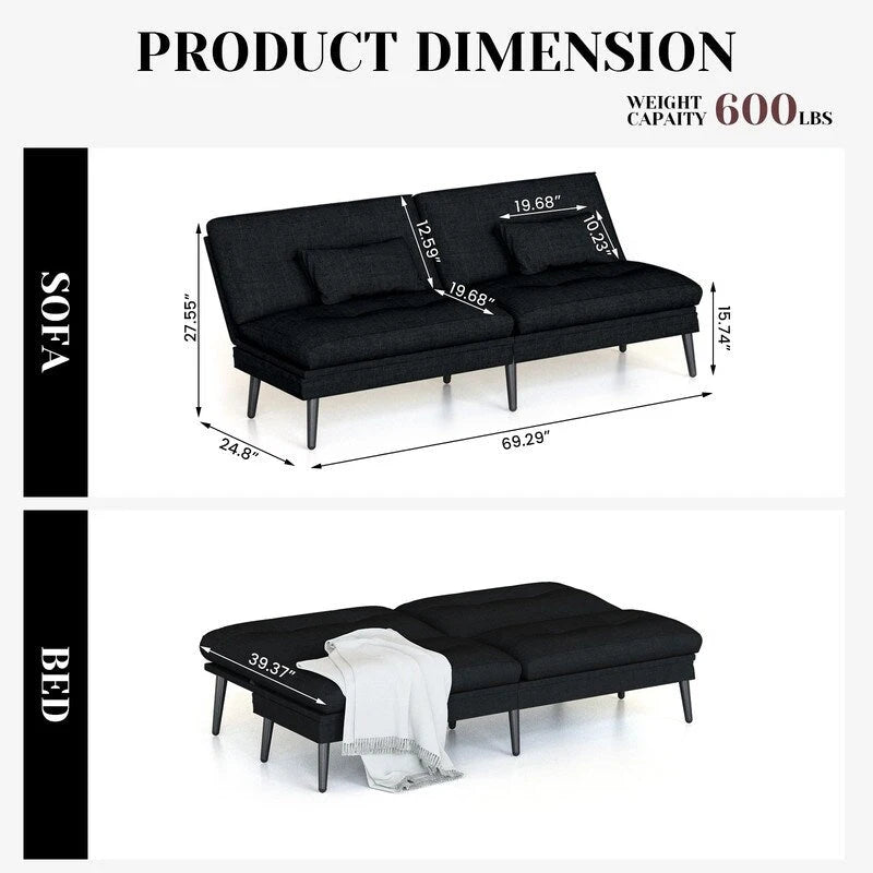Canapé Futon Convertible, Canapé-lit Dossier Réglable sur 5 Angles avec 2 Oreillers, Fauteuil Inclinable Style Moderne
