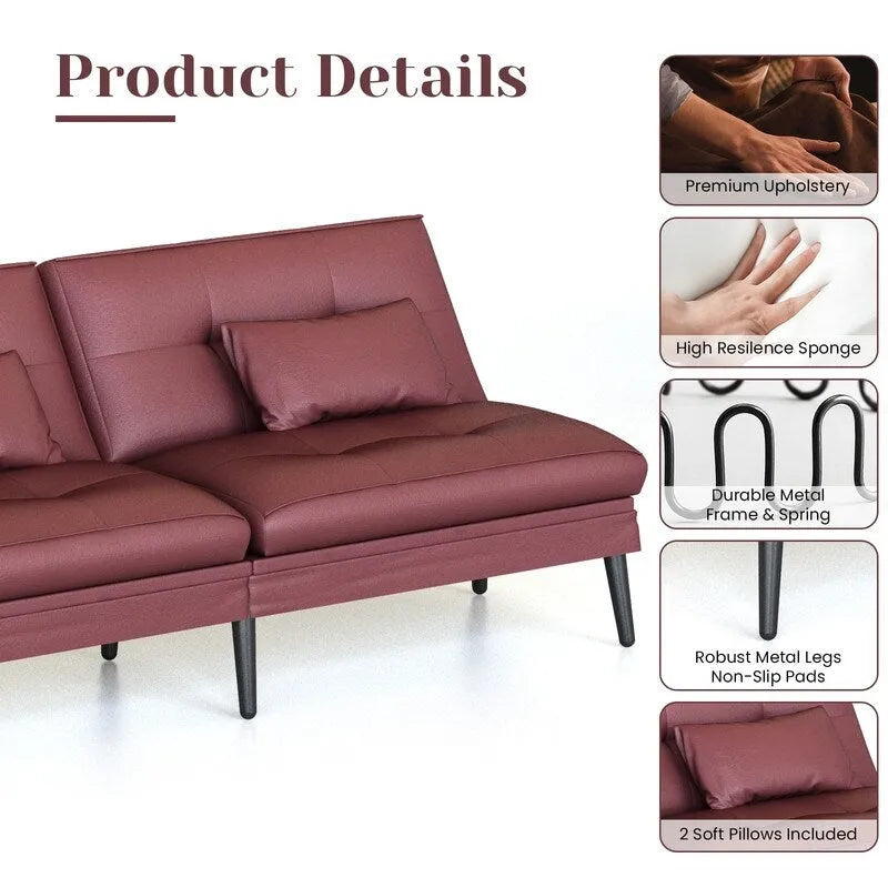 Canapé Futon Convertible, Canapé-lit Dossier Réglable sur 5 Angles avec 2 Oreillers, Fauteuil Inclinable Style Moderne