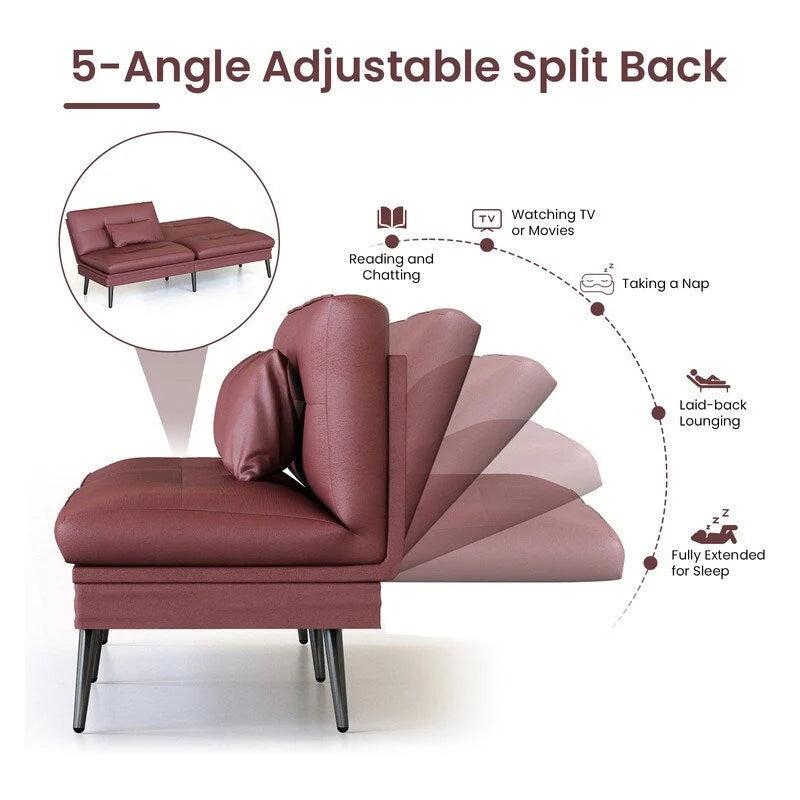 Canapé Futon Convertible, Canapé-lit Dossier Réglable sur 5 Angles avec 2 Oreillers, Fauteuil Inclinable Style Moderne