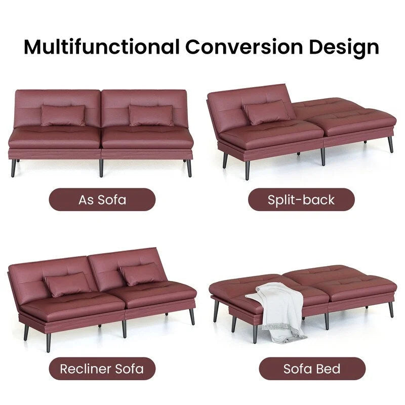 Canapé Futon Convertible, Canapé-lit Dossier Réglable sur 5 Angles avec 2 Oreillers, Fauteuil Inclinable Style Moderne