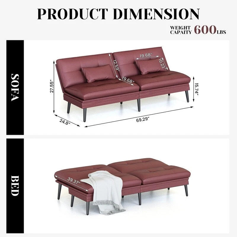 Canapé Futon Convertible, Canapé-lit Dossier Réglable sur 5 Angles avec 2 Oreillers, Fauteuil Inclinable Style Moderne
