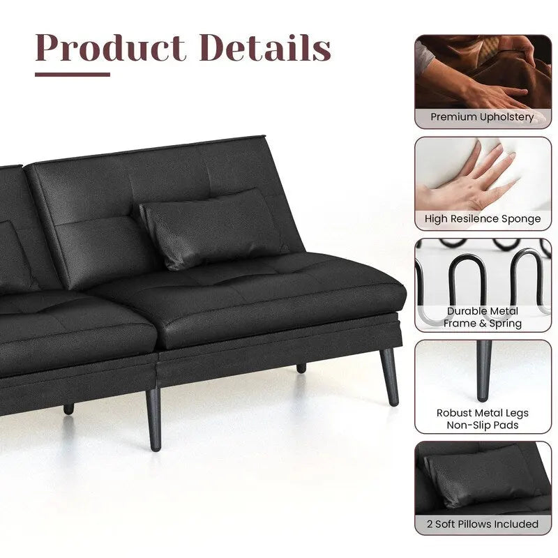Canapé Futon Convertible, Canapé-lit Dossier Réglable sur 5 Angles avec 2 Oreillers, Fauteuil Inclinable Style Moderne