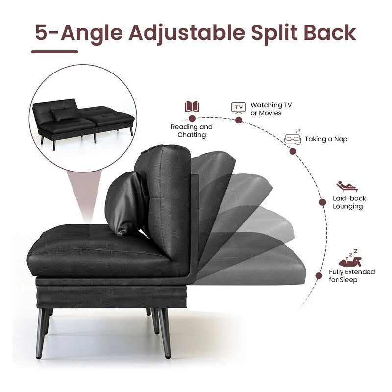 Canapé Futon Convertible, Canapé-lit Dossier Réglable sur 5 Angles avec 2 Oreillers, Fauteuil Inclinable Style Moderne