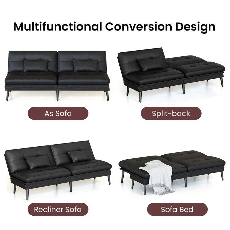 Canapé Futon Convertible, Canapé-lit Dossier Réglable sur 5 Angles avec 2 Oreillers, Fauteuil Inclinable Style Moderne