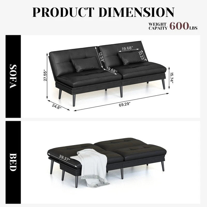 Canapé Futon Convertible, Canapé-lit Dossier Réglable sur 5 Angles avec 2 Oreillers, Fauteuil Inclinable Style Moderne